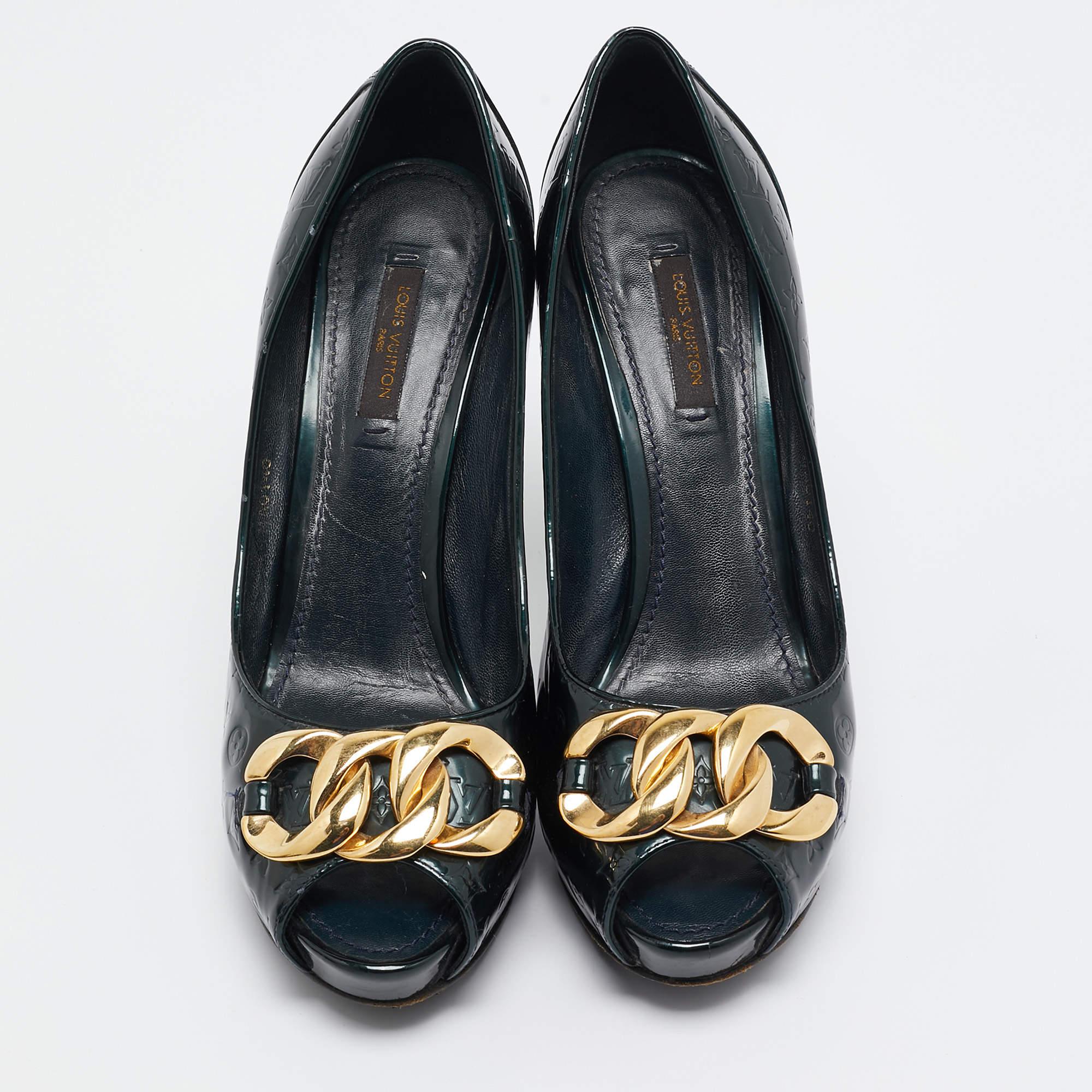 Black Louis Vuitton Green Monogram Patent Chain Detail Peep Toe Pumps Size 38 For Sale