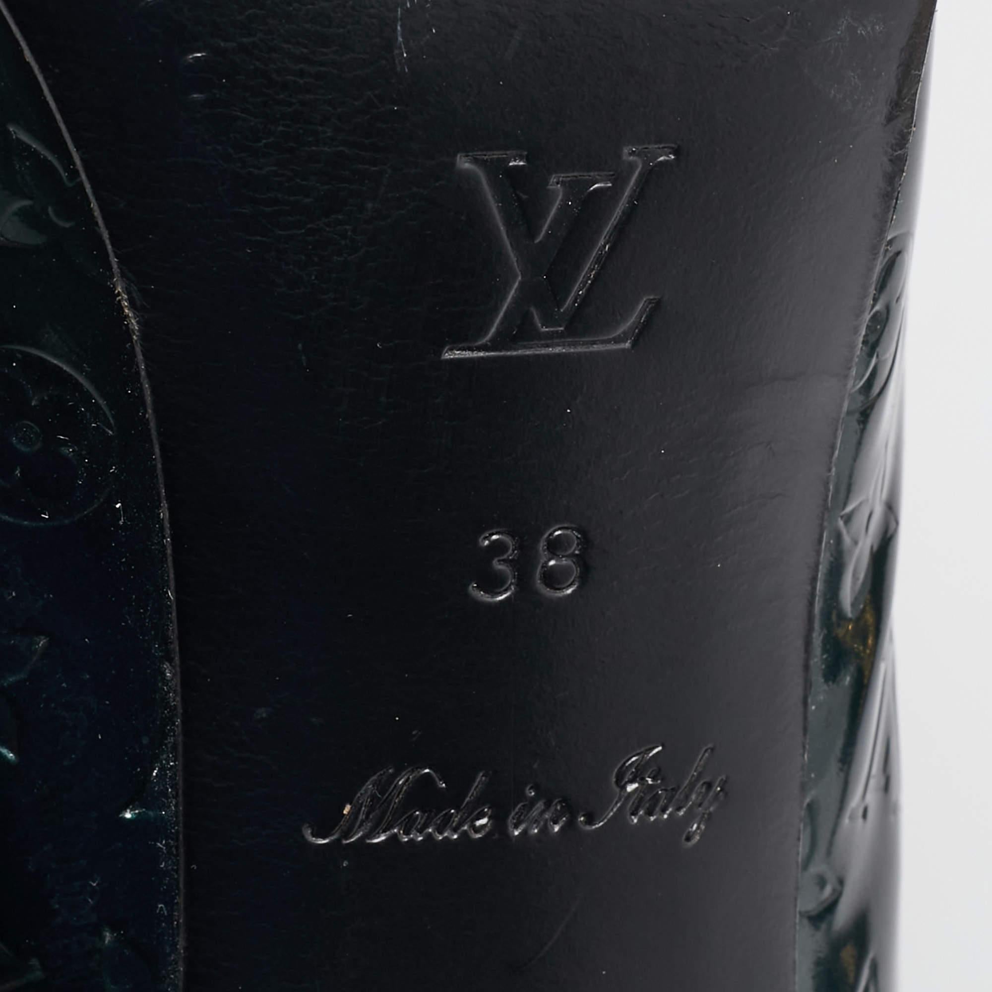 Louis Vuitton Green Monogram Patent Chain Detail Peep Toe Pumps Size 38 For Sale 3