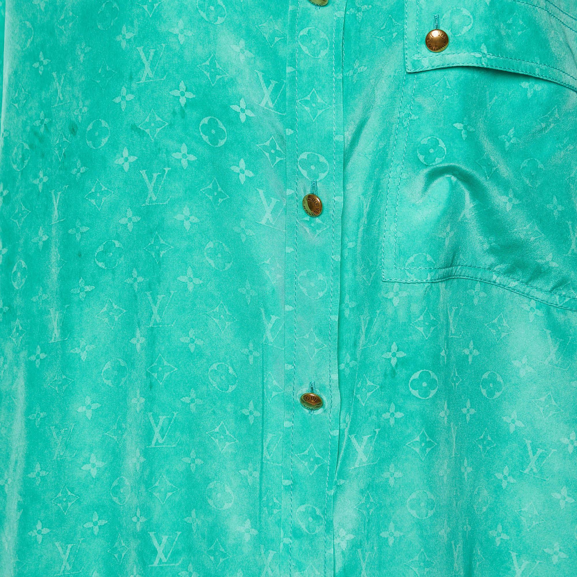 Women's Louis Vuitton Green Monogram Print Silk Button Front Shirt M