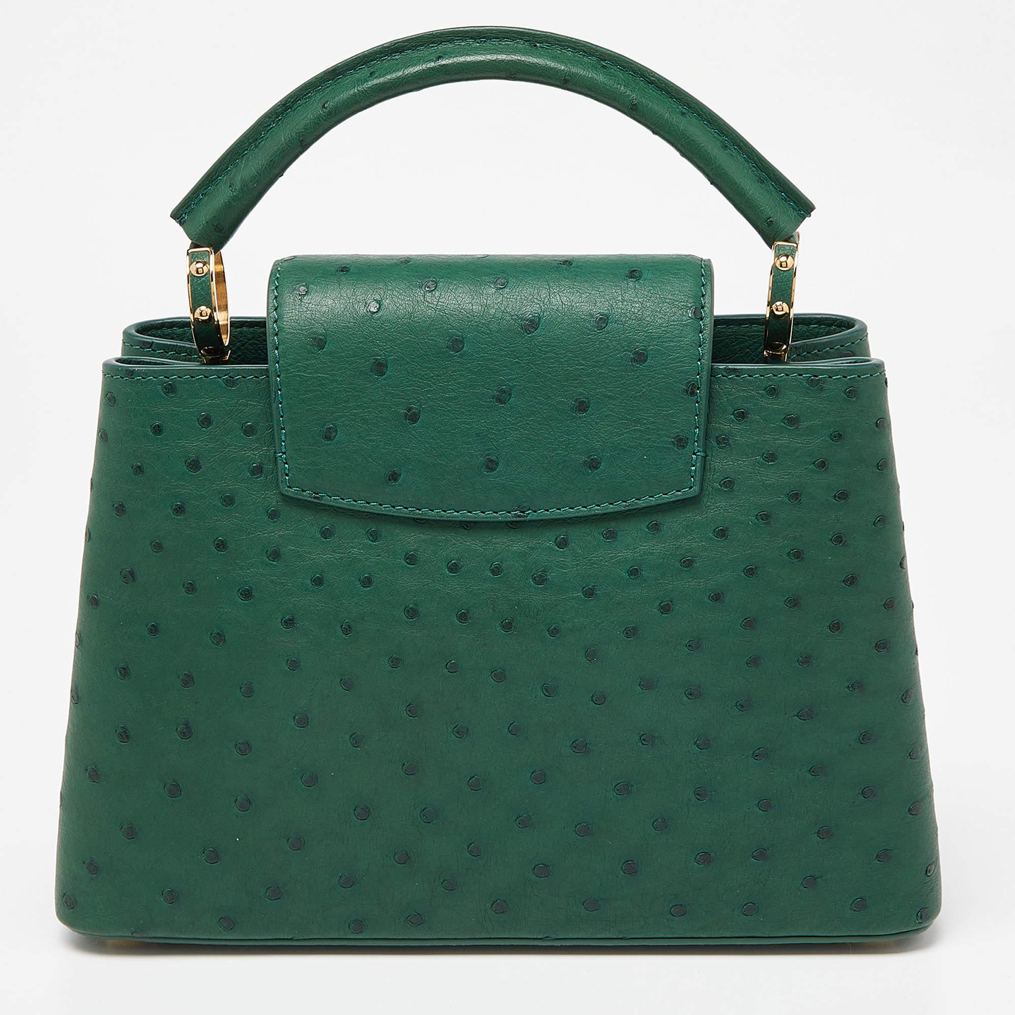Louis Vuitton Green Ostrich Leather Capucines BB Bag For Sale 2