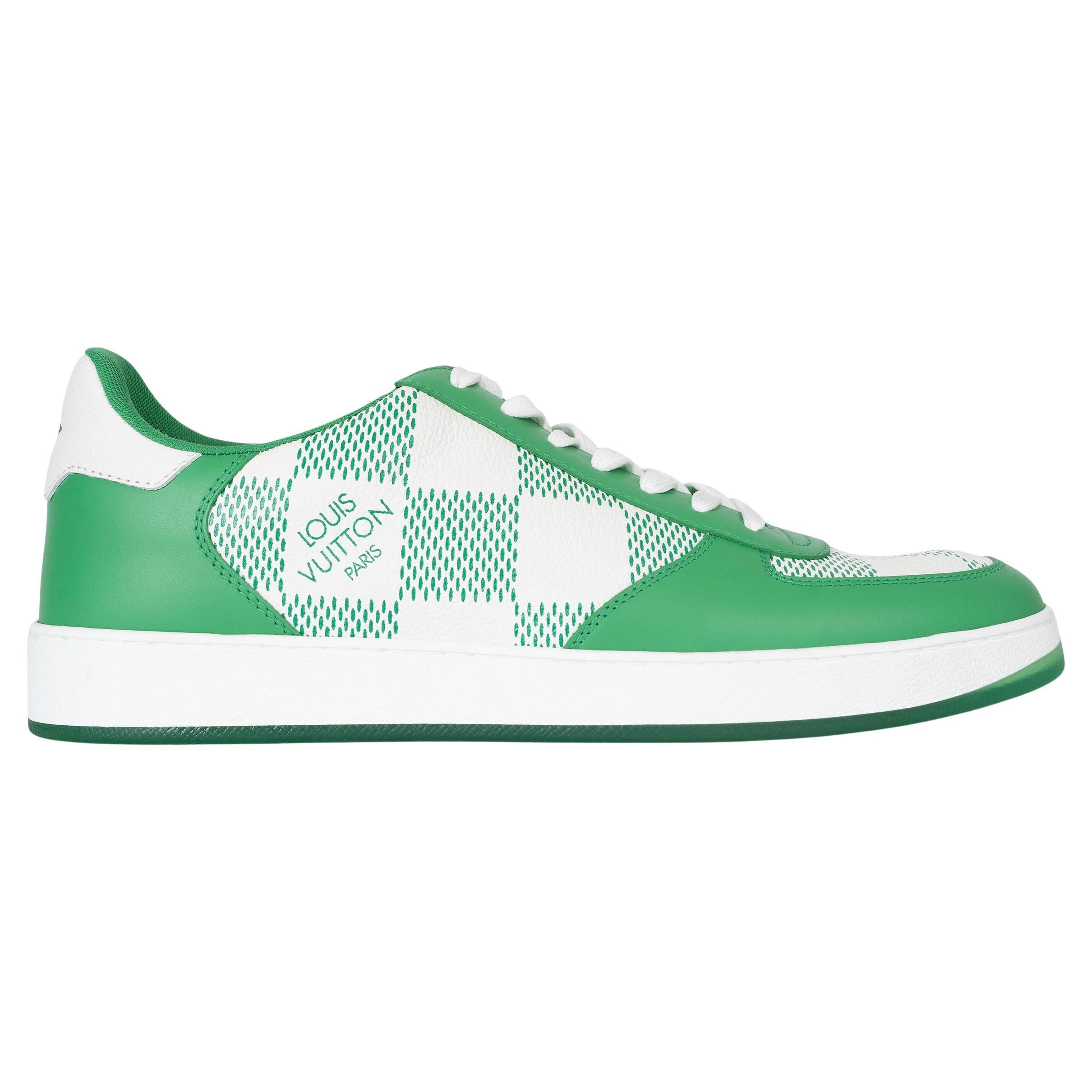 LOUIS VUITTON green & white Damier leather RIVOLI Sneakers Shoes 8 For Sale