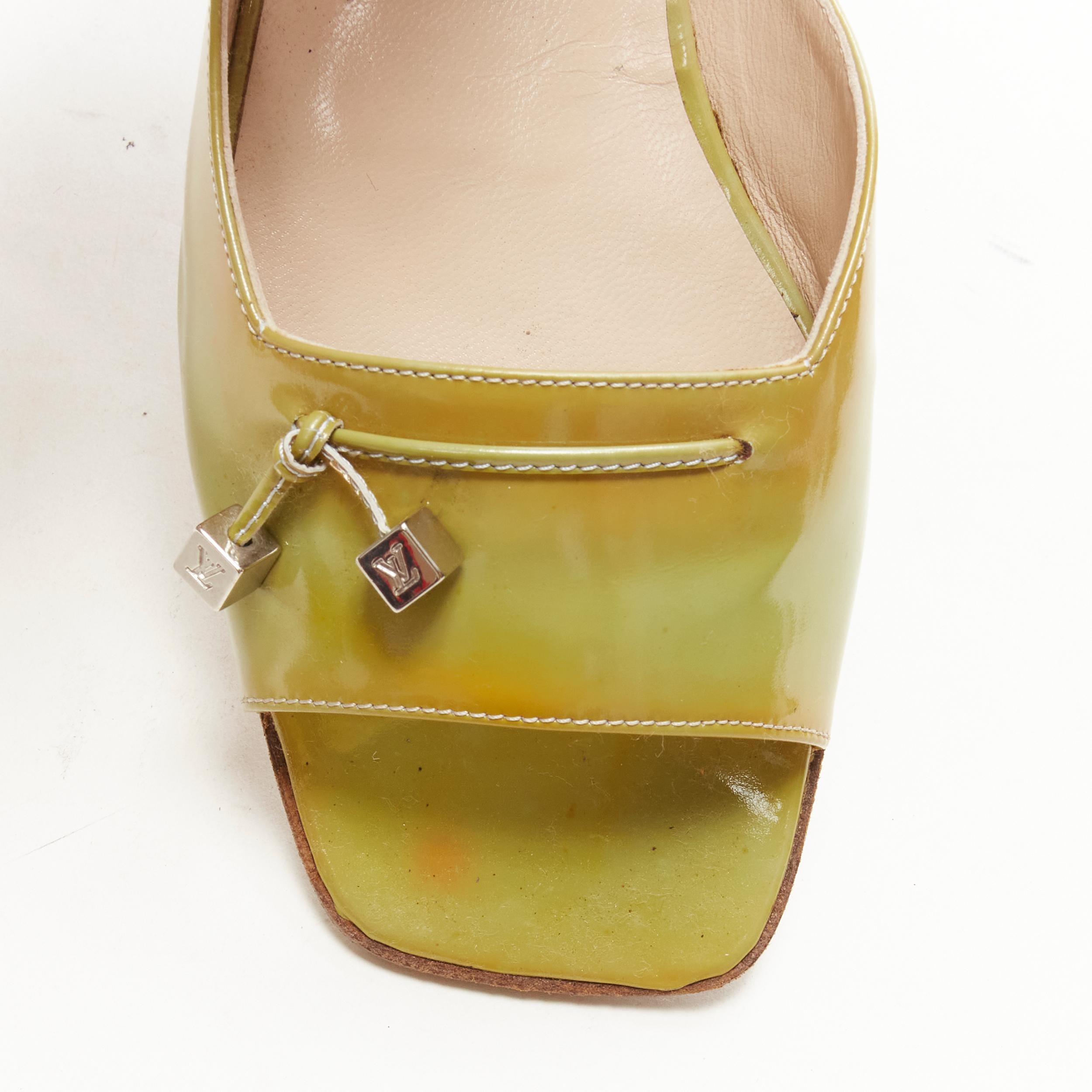 LOUIS VUITTON green yellow polished leather LV dice square toe slipper EU37 In Fair Condition For Sale In Hong Kong, NT
