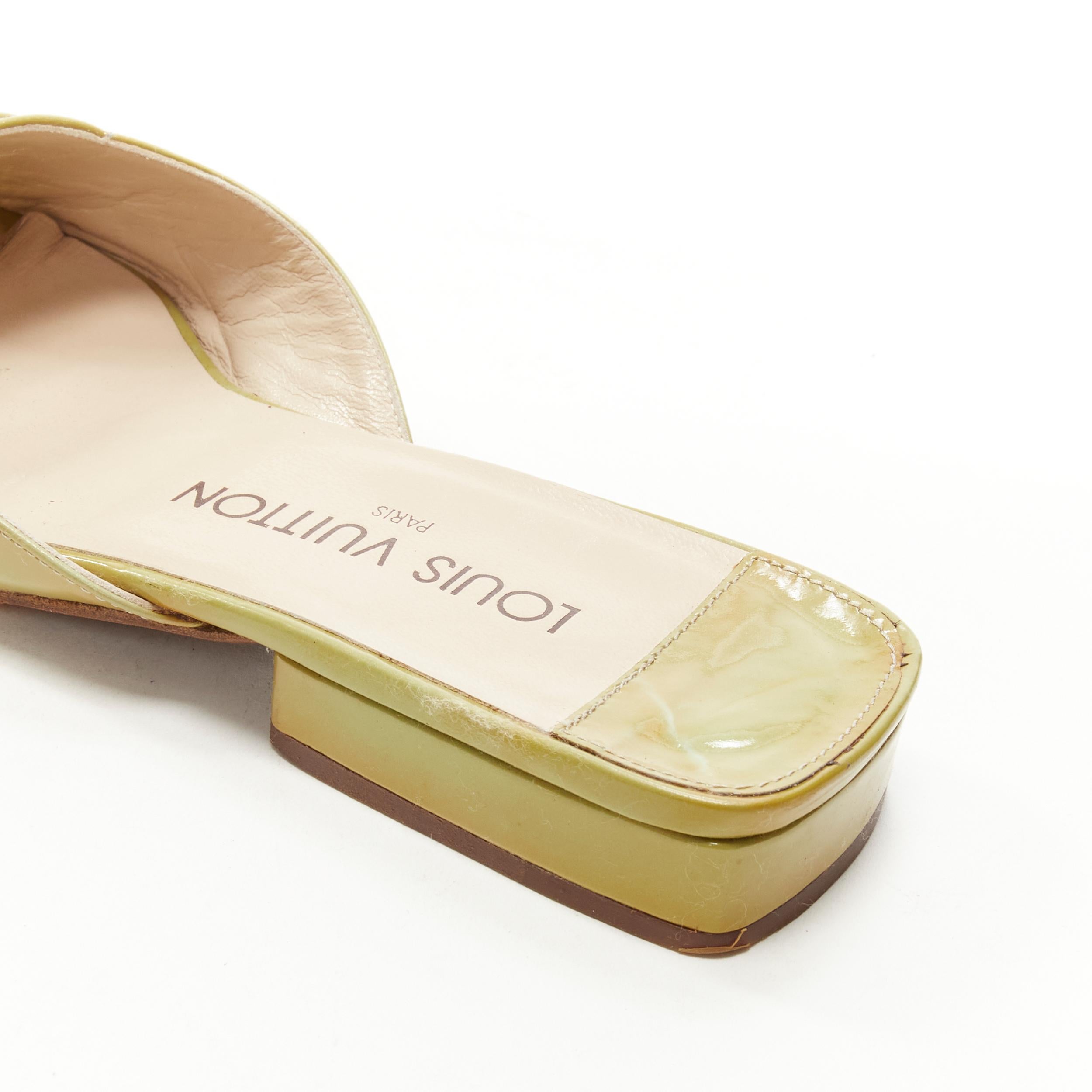 Women's LOUIS VUITTON green yellow polished leather LV dice square toe slipper EU37 For Sale