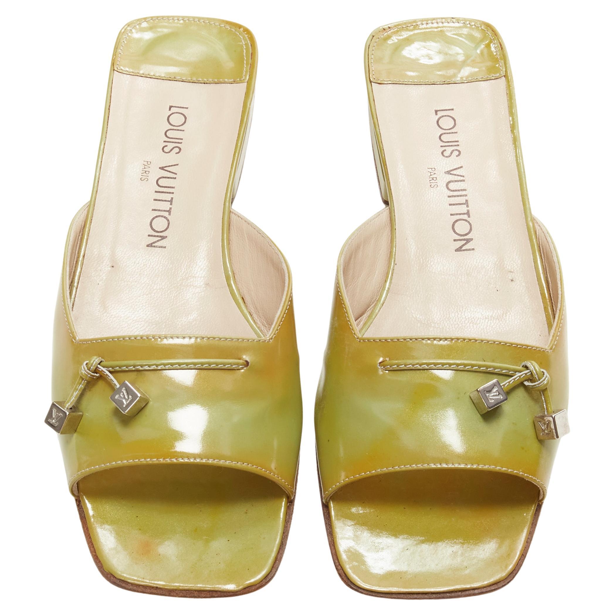 LOUIS VUITTON green yellow polished leather LV dice square toe slipper EU37 For Sale