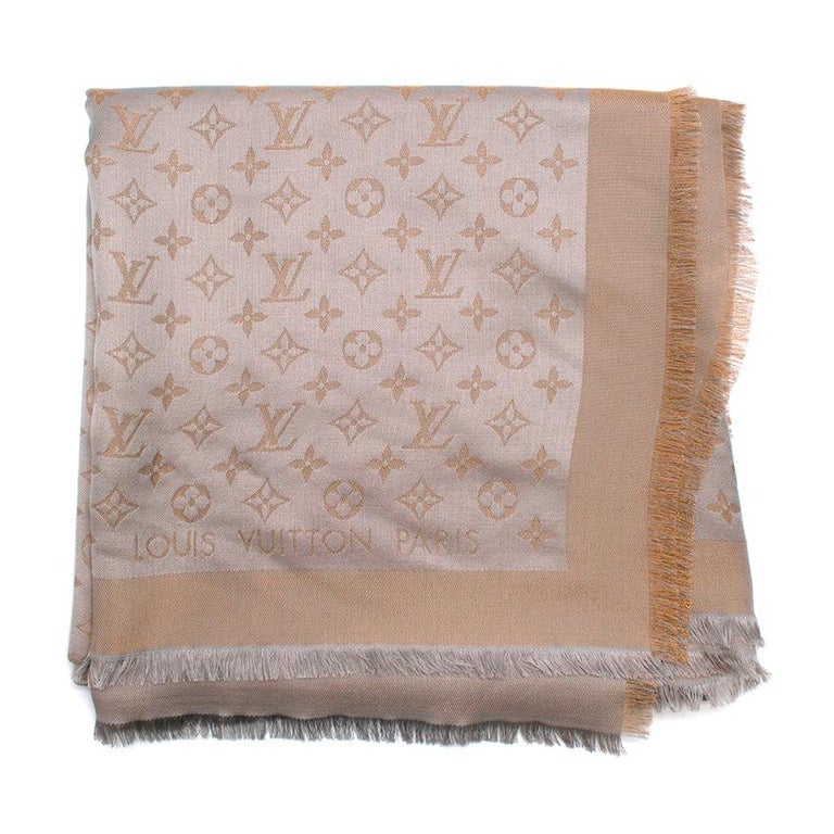 LOUIS VUITTON Silk Wool Monogram Shawl Greige 1280460