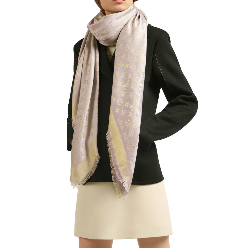 Women's or Men's Louis Vuitton Greige Silk & Wool Blend Monogram Shine Shawl