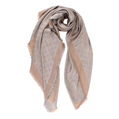 Authentic Louis Vuitton Monogram Shawl Scarf Silk Wool Blend Peach 402336