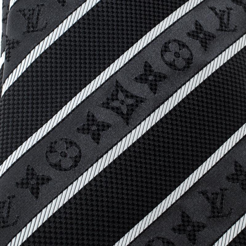 Women's Louis Vuitton Grey and Black Striped Damier Monogram Silk Jacquard Tie