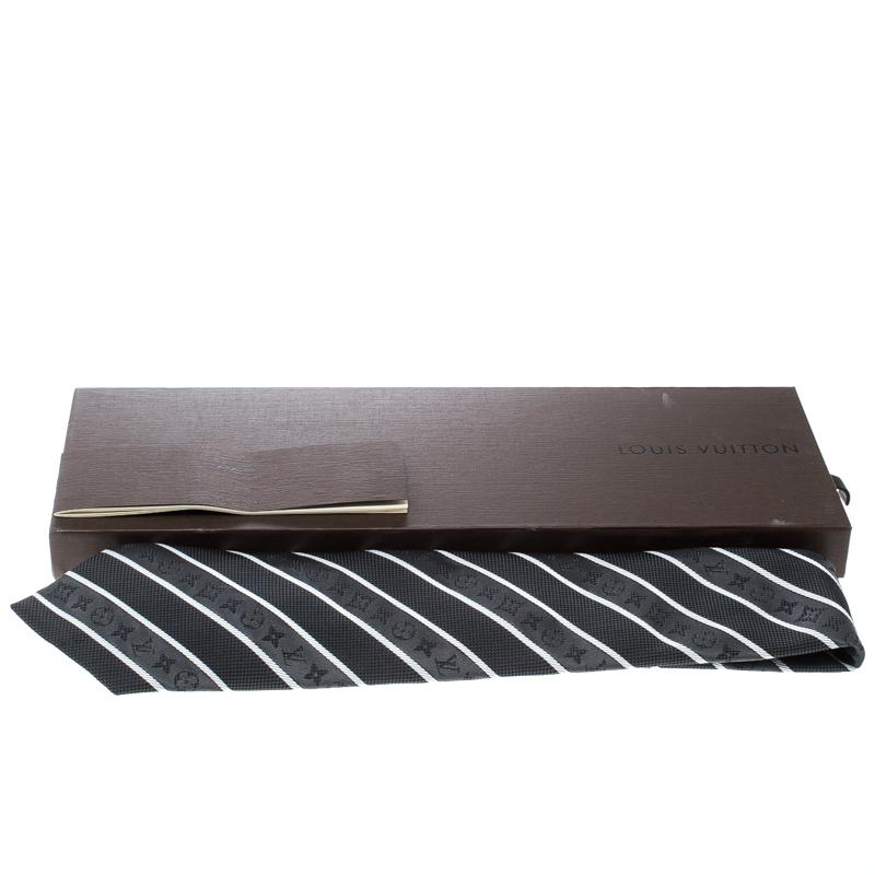 Louis Vuitton Grey and Black Striped Damier Monogram Silk Jacquard Tie 1
