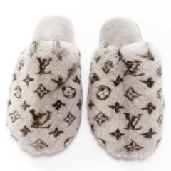 LOUIS VUITTON grey black monogram print mink fur flipper shoes EU37-38