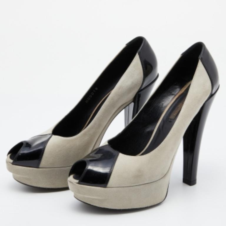 Louis Vuitton - Escarpins à plateforme en daim et cuir verni gris/noir - Taille 37 Pour femmes en vente