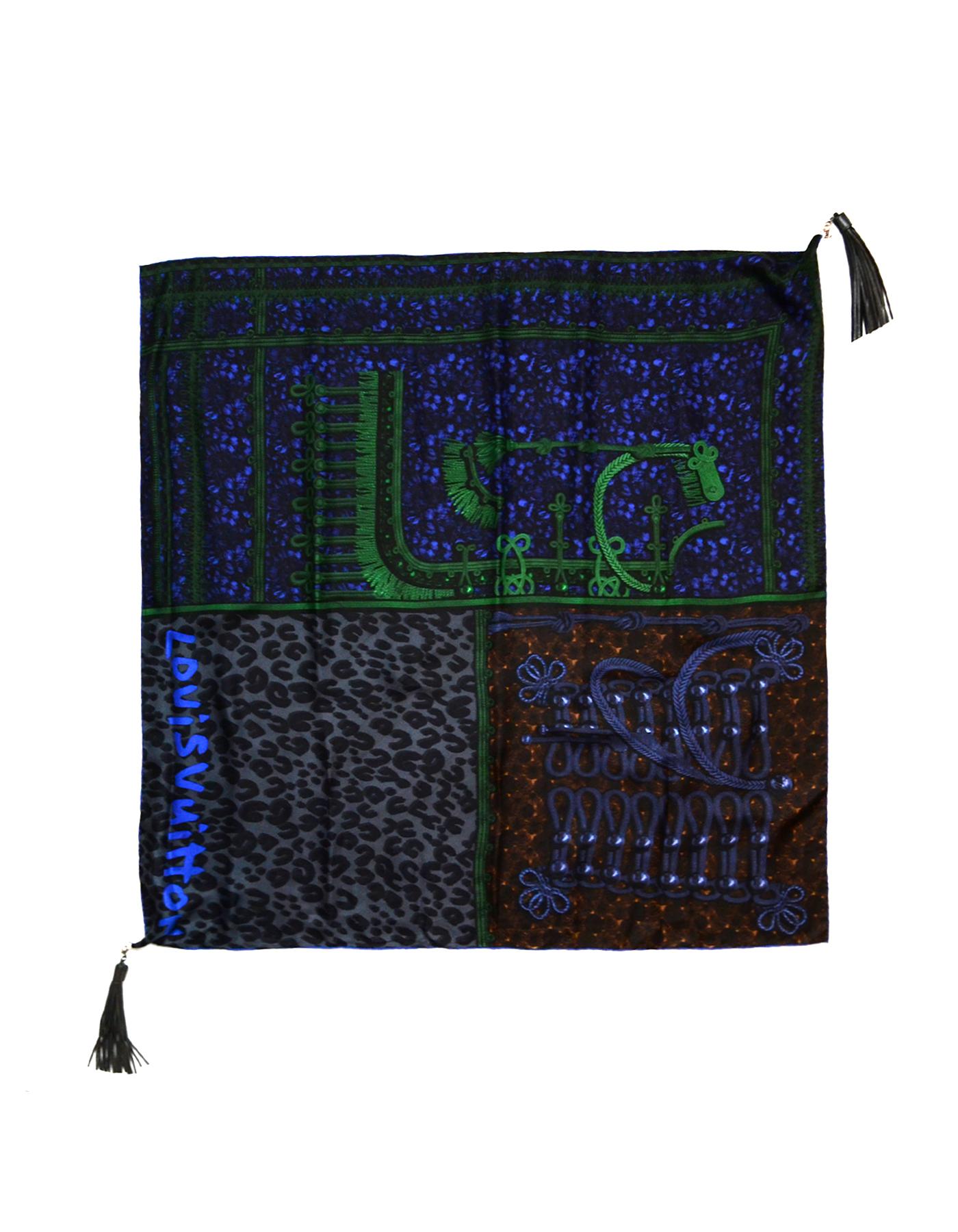 Black Louis Vuitton Grey, Blue, Green Leopard Printed Silk Scarf w Detachable Tassels