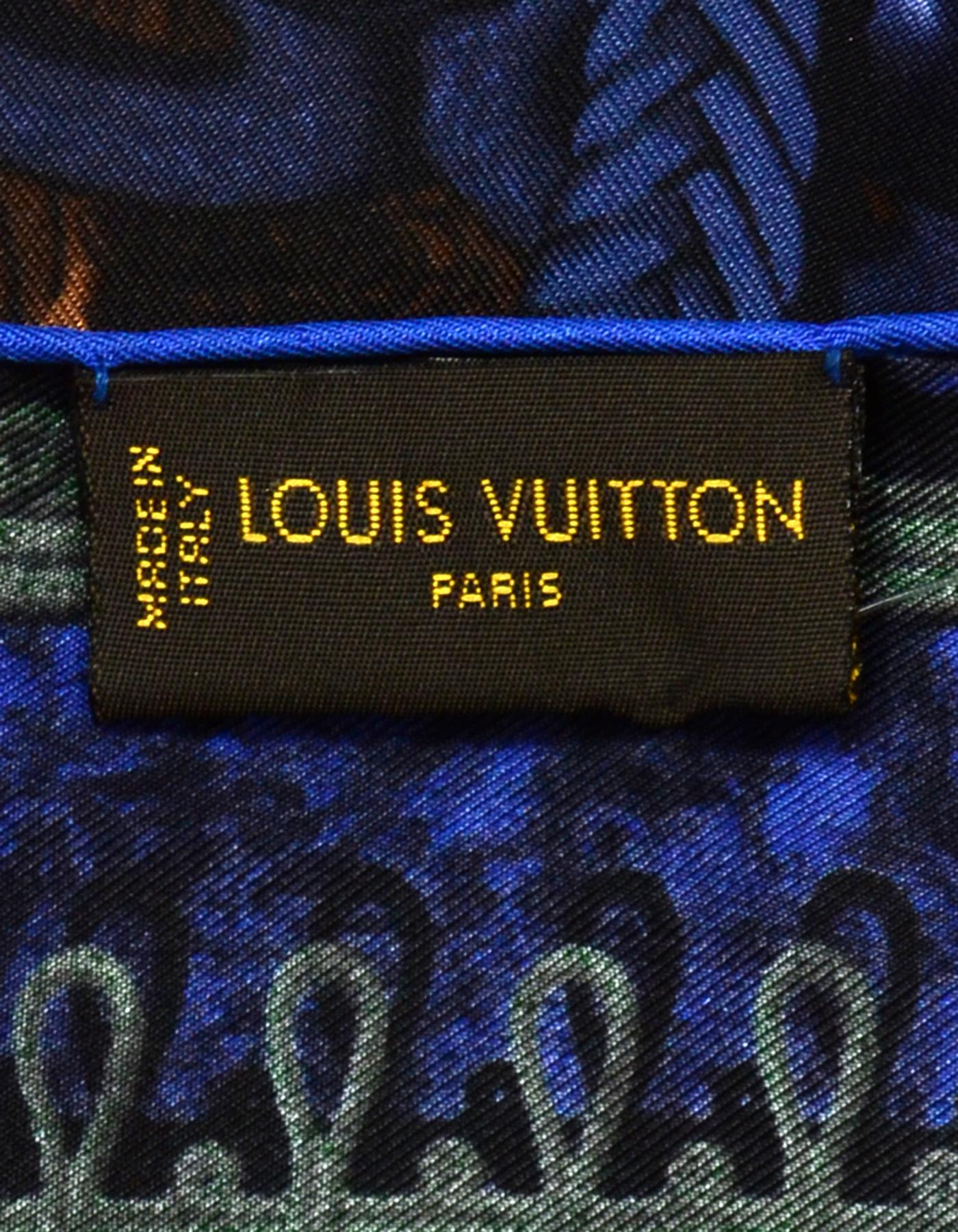 Louis Vuitton Grey, Blue, Green Leopard Printed Silk Scarf w Detachable Tassels In Excellent Condition In New York, NY