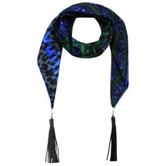 Louis Vuitton Grey, Blue, Green Leopard Printed Silk Scarf w Detachable Tassels