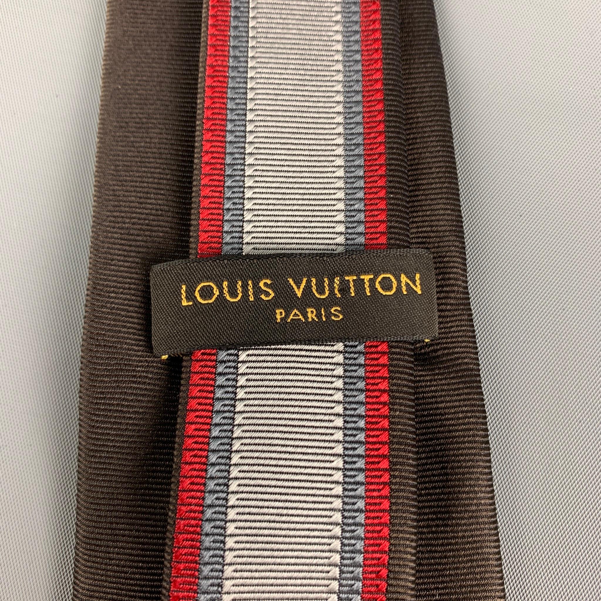 LOUIS VUITTON Grey Brown Burgundy Vertical Stripe Silk Tie In Good Condition In San Francisco, CA