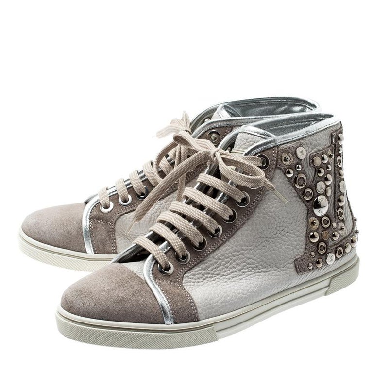 Louis Vuitton Grey Cream Leather Studded Punchy High Top Sneakers Size 36  For Sale at 1stDibs