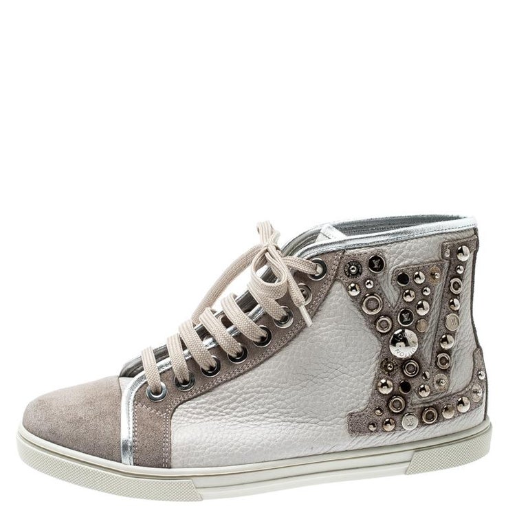 Louis Vuitton Grey Cream Leather Studded Punchy High Top Sneakers Size ...