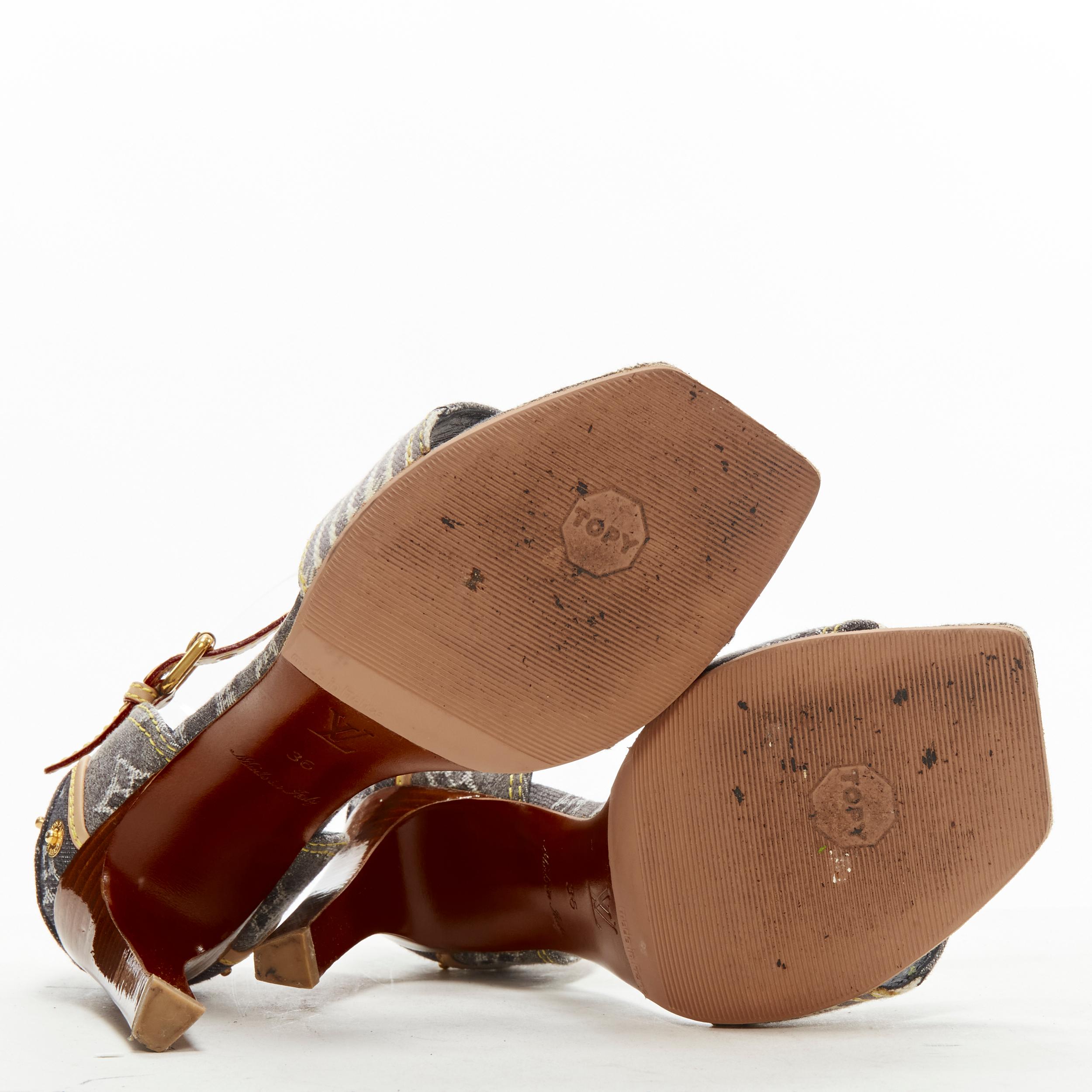 LOUIS VUITTON grey denim patchwork buckle vachetta strap wooden heel sandal EU36 For Sale 3