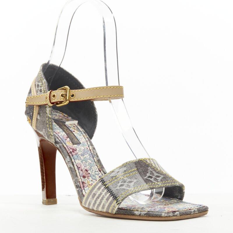 LOUIS VUITTON grey denim patchwork buckle vachetta strap wooden heel sandal EU36
Reference: ANWU/A00957
Brand: Louis Vuitton
Material: Denim
Color: Grey
Pattern: Logomania
Closure: Ankle Strap
Lining:  Fabric
Extra Details: Grey denim monogram with