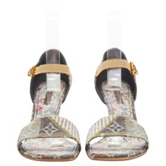 LOUIS VUITTON grey denim patchwork buckle vachetta strap wooden heel sandal EU36