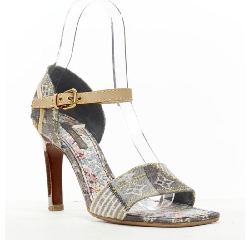 LOUIS VUITTON grey denim patchwork buckle vachetta strap wooden heel sandal EU36
Reference: ANWU/A00957
Brand: Louis Vuitton
Material: Denim
Color: Grey
Pattern: Logomania
Closure: Ankle Strap
Lining:  Fabric
Extra Details: Grey denim monogram with