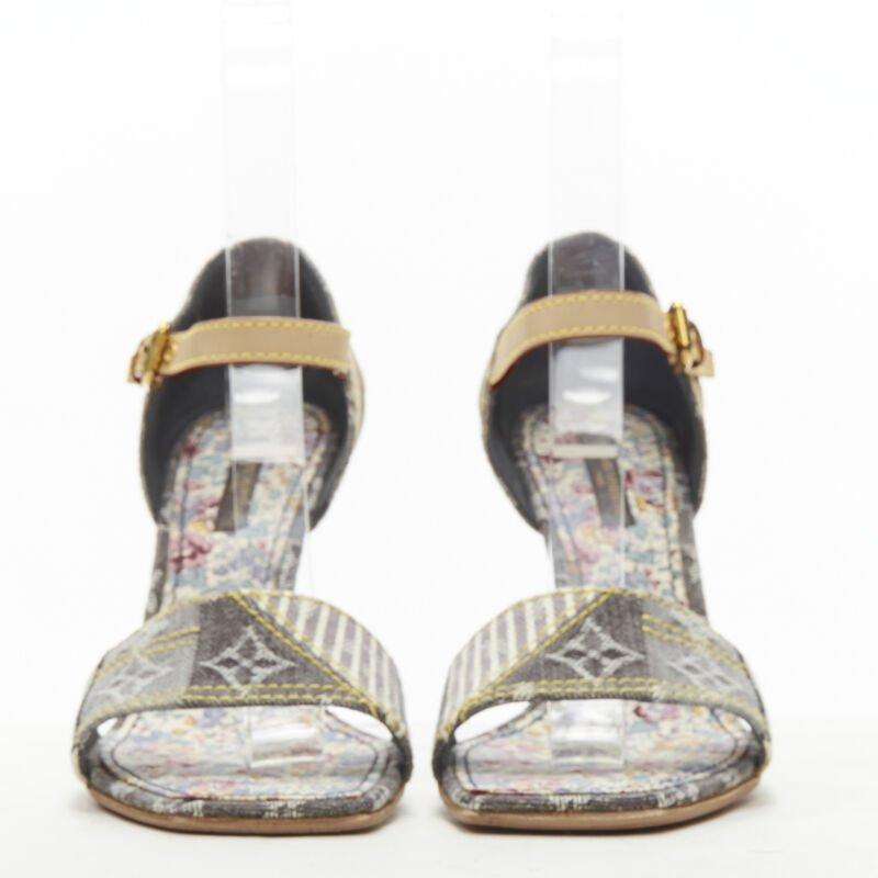 Brown LOUIS VUITTON grey denim patchwork buckle vachetta strap wooden heel sandal EU36 For Sale