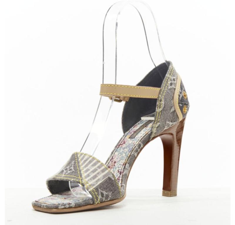 Women's LOUIS VUITTON grey denim patchwork buckle vachetta strap wooden heel sandal EU36