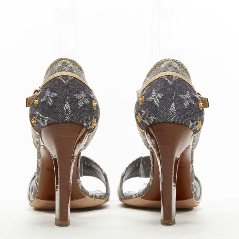 Women's LOUIS VUITTON grey denim patchwork buckle vachetta strap wooden heel sandal EU36 For Sale