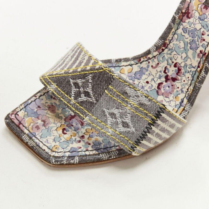 LOUIS VUITTON grey denim patchwork buckle vachetta strap wooden heel sandal EU36 For Sale 1