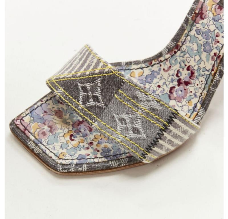 LOUIS VUITTON grey denim patchwork buckle vachetta strap wooden heel sandal EU36 2