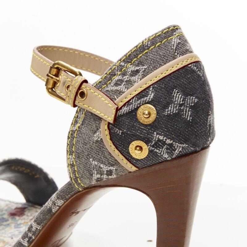 LOUIS VUITTON grey denim patchwork buckle vachetta strap wooden heel sandal EU36 For Sale 2