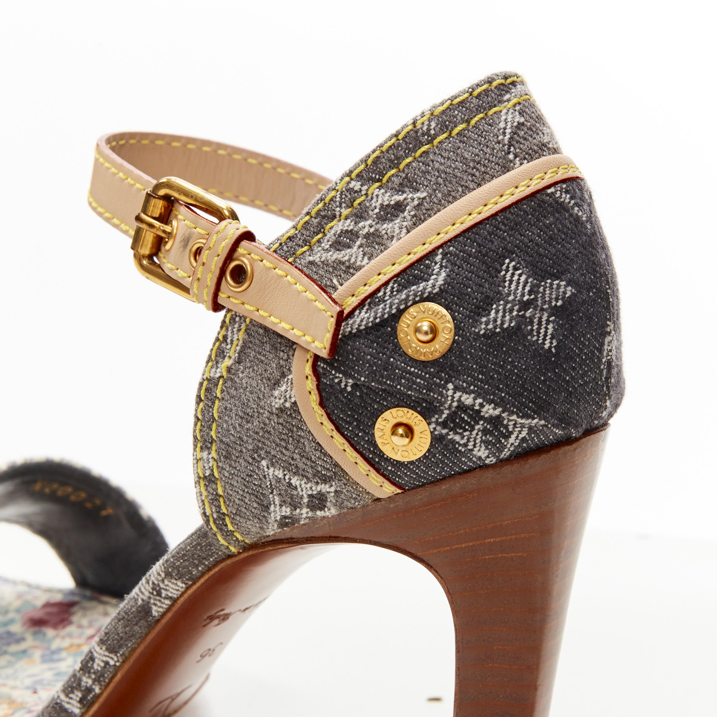 Women's LOUIS VUITTON grey denim patchwork buckle vachetta strap wooden heel sandal EU36 For Sale