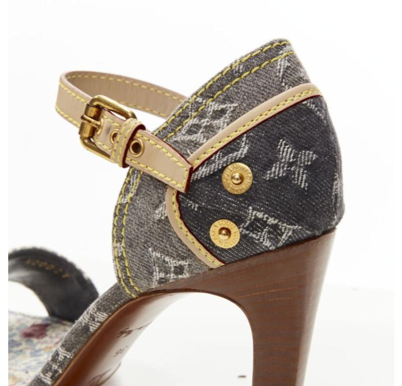 LOUIS VUITTON grey denim patchwork buckle vachetta strap wooden heel sandal EU36 3