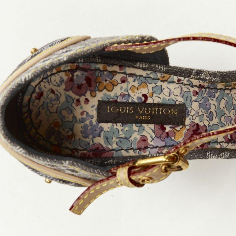 LOUIS VUITTON grey denim patchwork buckle vachetta strap wooden heel sandal EU36 For Sale 3