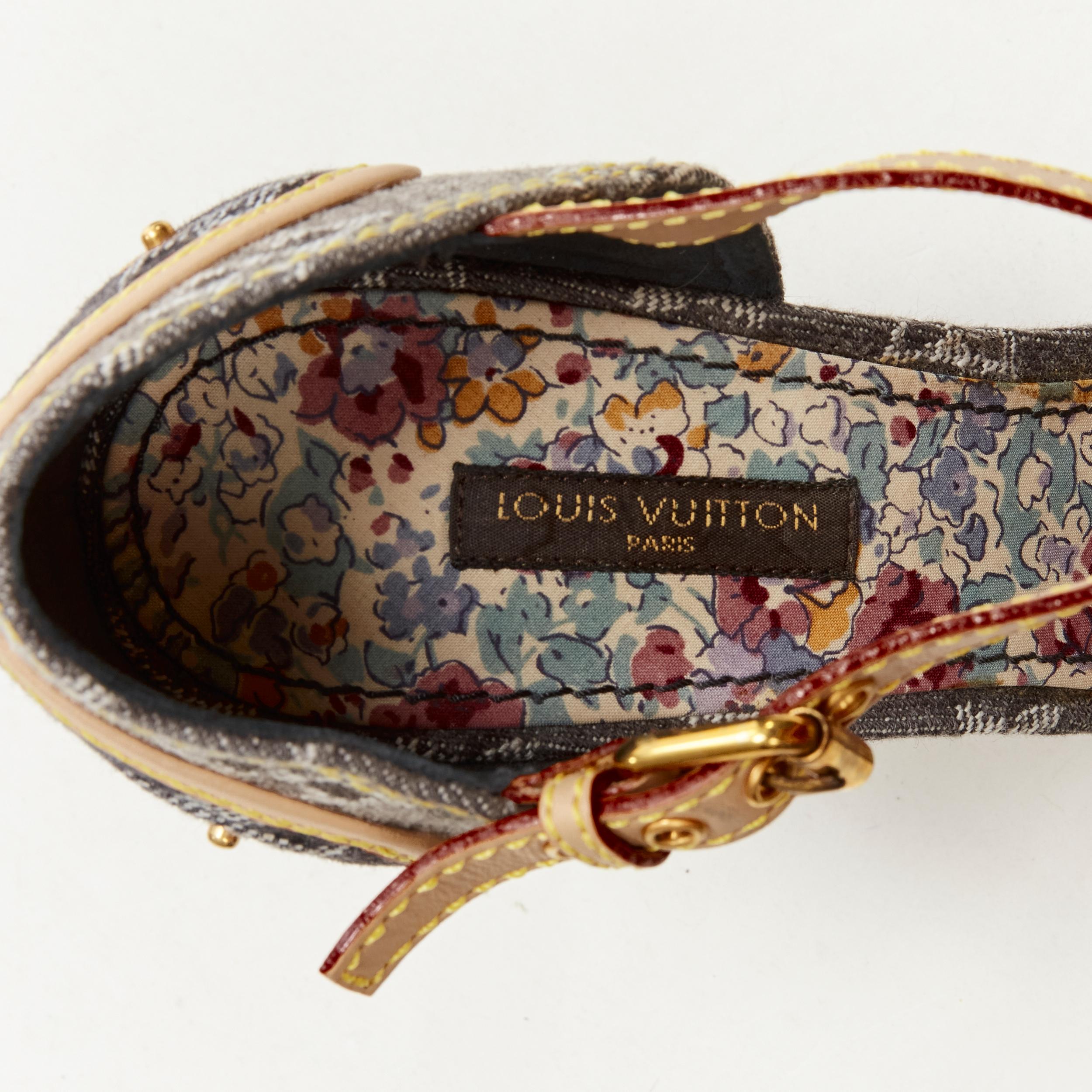 LOUIS VUITTON grey denim patchwork buckle vachetta strap wooden heel sandal EU36 For Sale 1