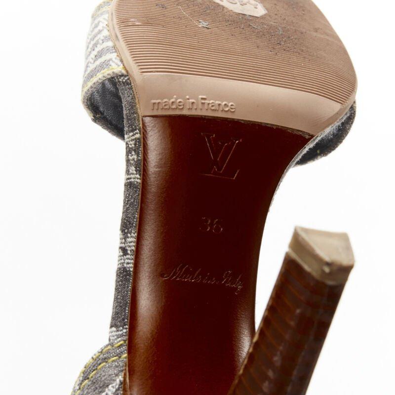 LOUIS VUITTON grey denim patchwork buckle vachetta strap wooden heel sandal EU36 For Sale 4