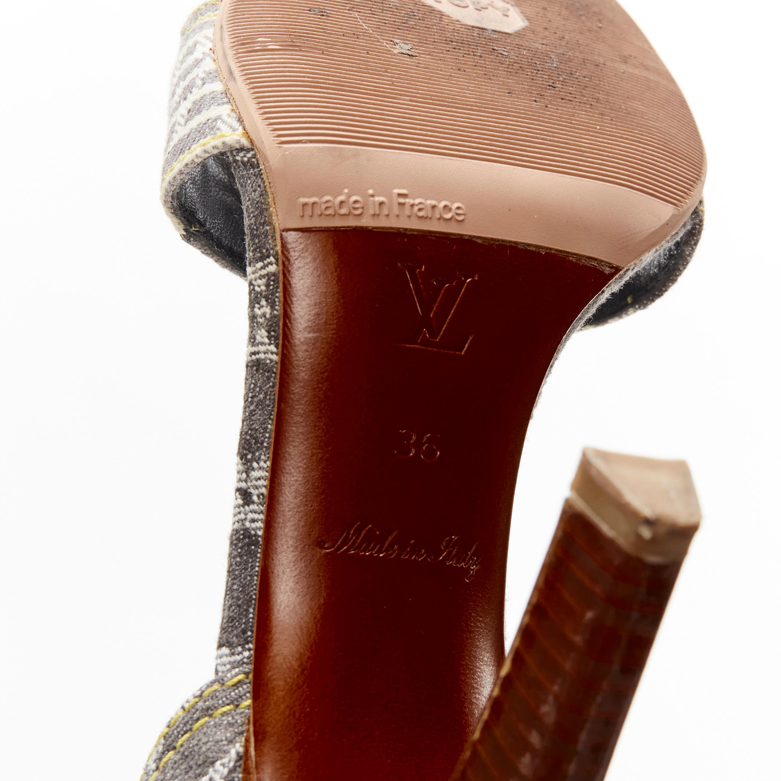 LOUIS VUITTON grey denim patchwork buckle vachetta strap wooden heel sandal EU36 For Sale 2
