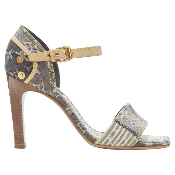 LOUIS VUITTON grey denim patchwork buckle vachetta strap wooden heel sandal EU36 For Sale