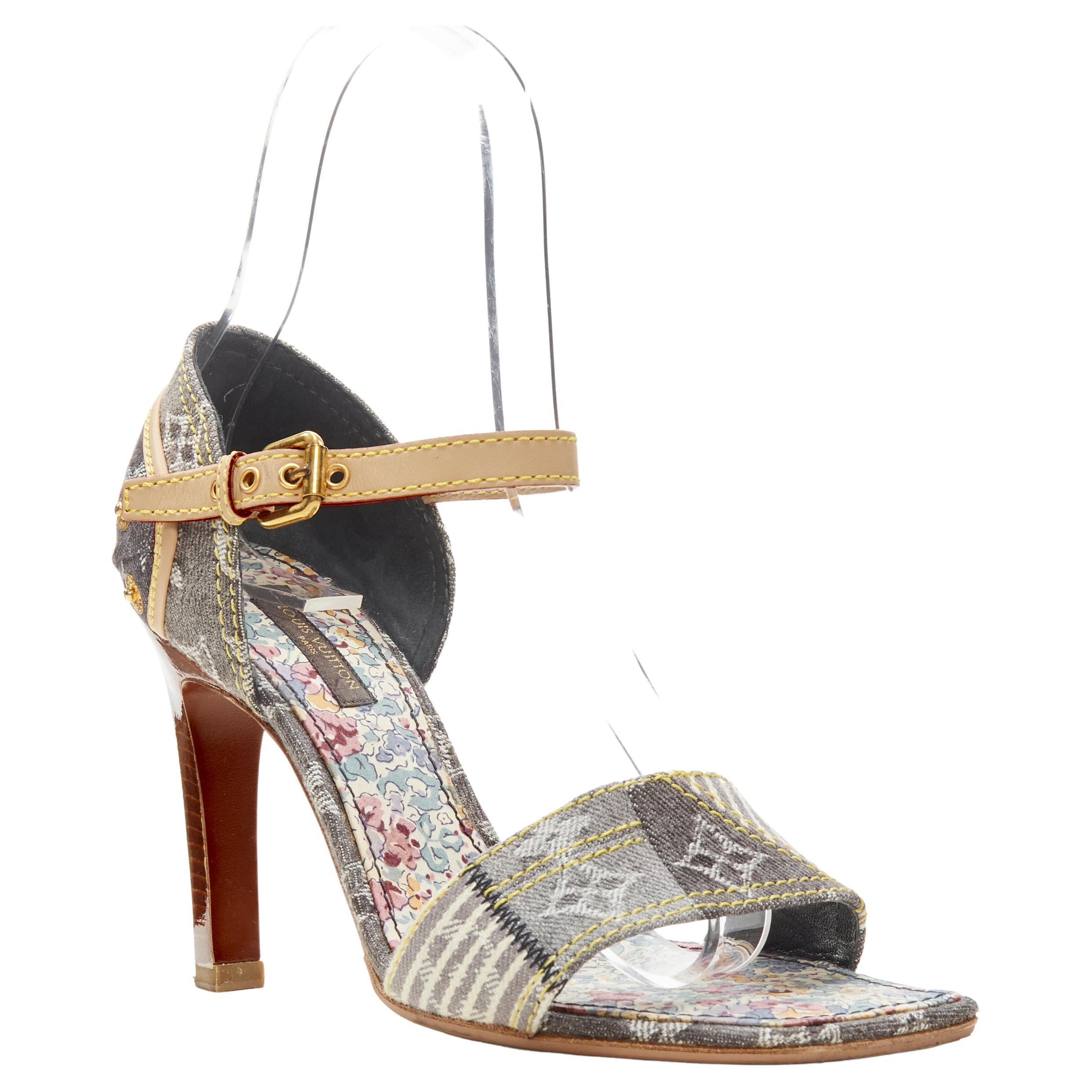 LOUIS VUITTON grey denim patchwork buckle vachetta strap wooden heel sandal EU36 For Sale