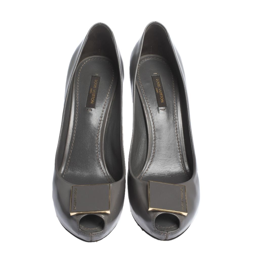 Gray Louis Vuitton Grey Leather Logo Embellished Peep Toe Platform Pumps Size 38.5