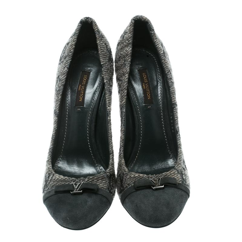 Black Louis Vuitton Grey Monogram Fabric With Suede Bow Cap Toe Pumps 37.5