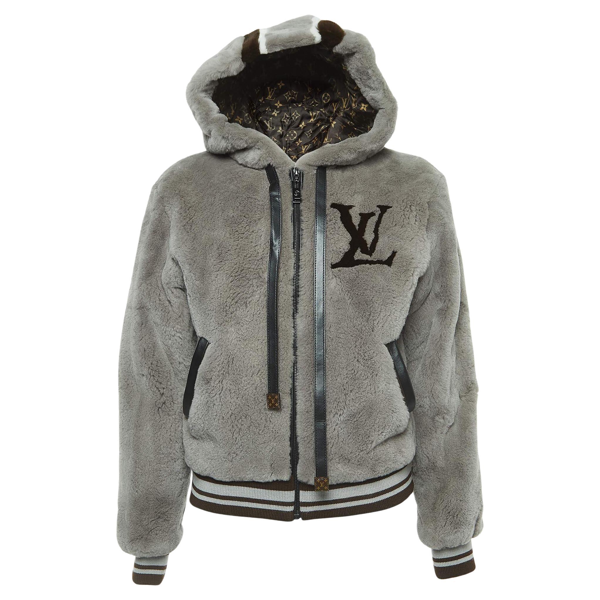 Louis Vuitton Grey Monogram Mink Fur Hooded Bomber Jacket S For Sale