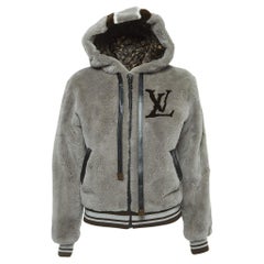 Used Louis Vuitton Grey Monogram Mink Fur Hooded Bomber Jacket S