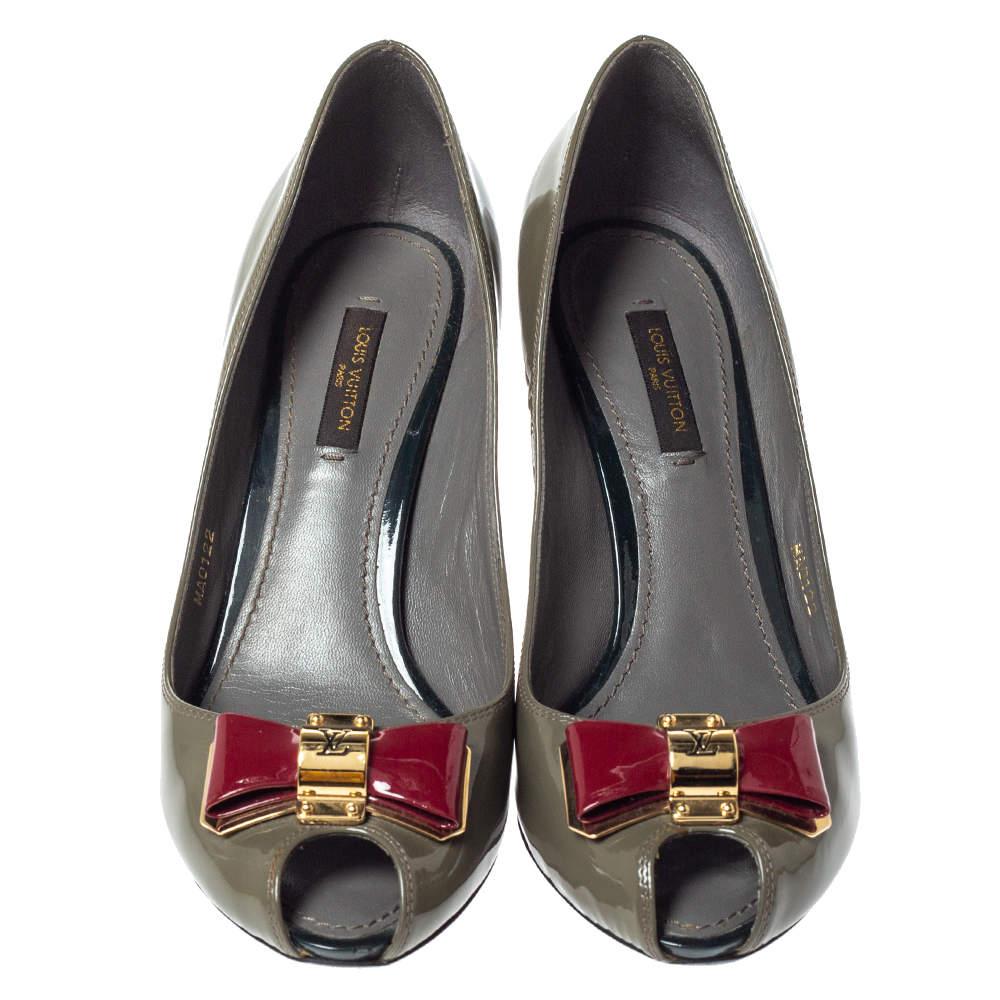 Gray Louis Vuitton Grey Patent Leather Lou Peep Toe Pumps Size 37.5