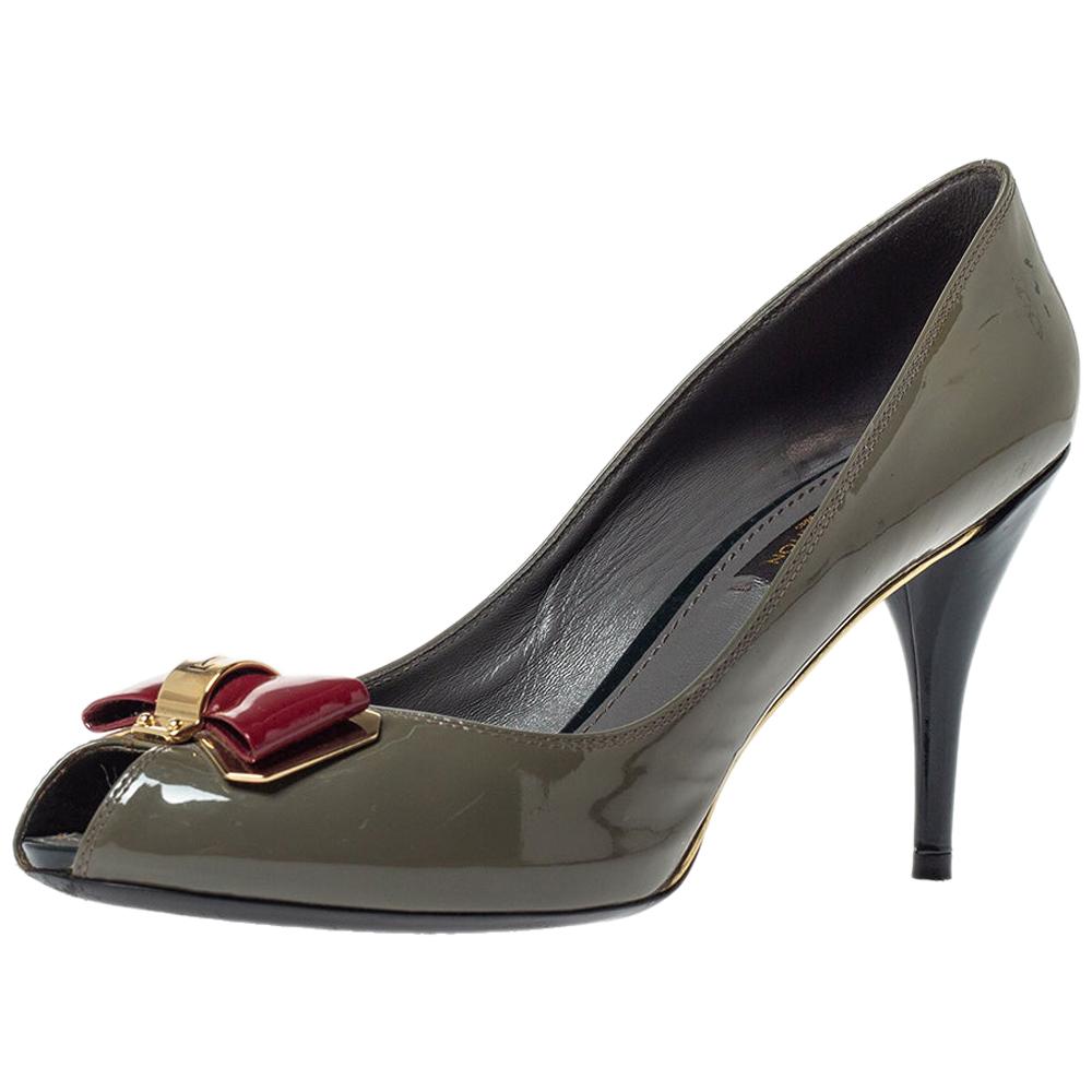 grey patent pumps