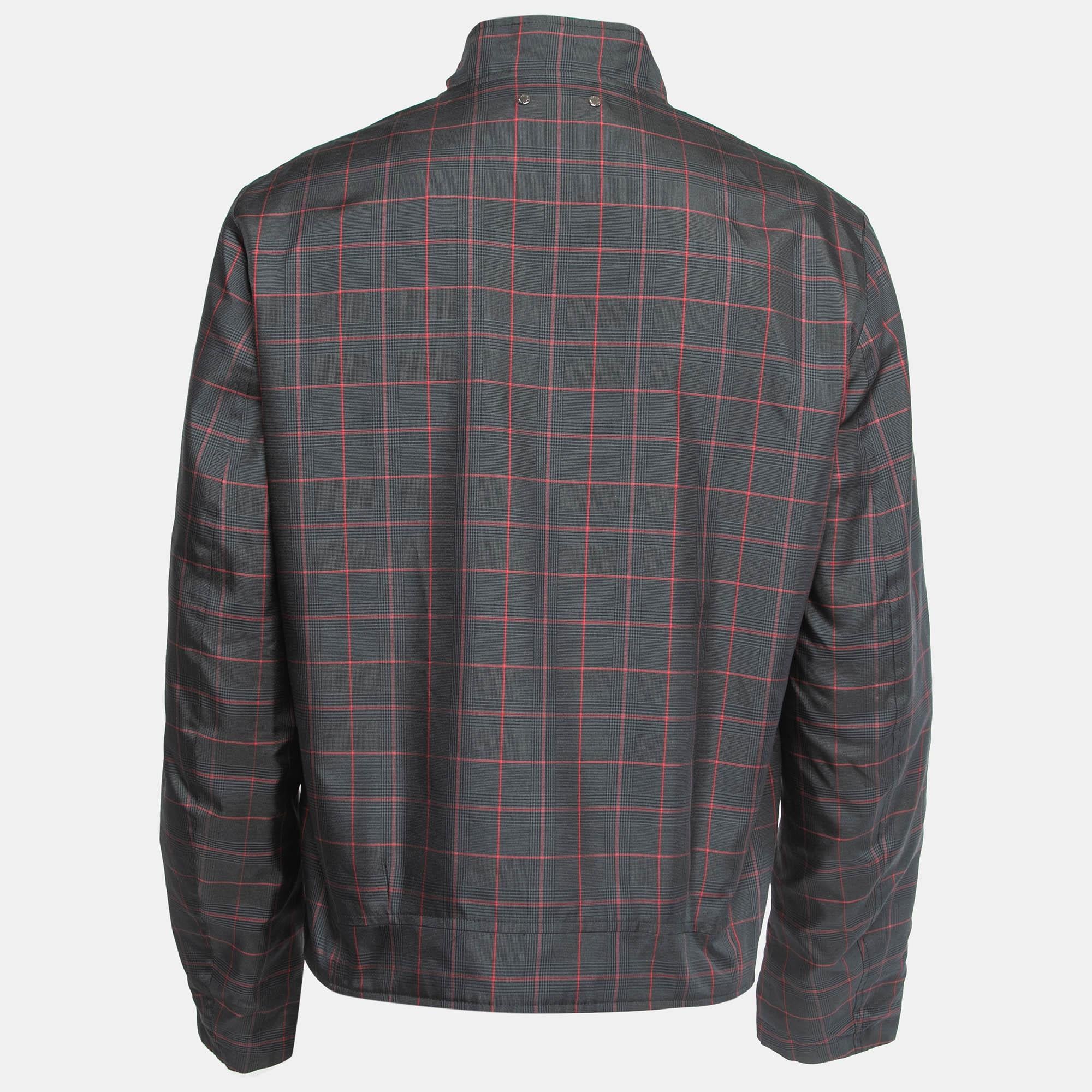 Black Louis Vuitton Grey Plaid Silk Zip Front Reversible Jacket