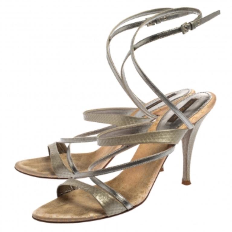 Louis Vuitton Grau Python Prägung und Leder Riemchensandalen Größe 40 Damen im Angebot