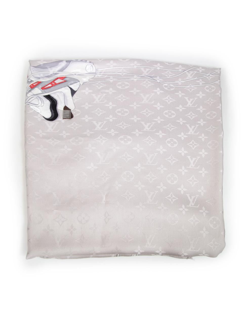 CONDITION is Never worn. No visible wear to scarf is evident on this new Louis Vuitton designer resale item. Comes with original box.
 
 Details
 
 
 Grey 
 
 Silk
 
 Scarf
 
 LV logo pattern
 
 Sneaker print with leather loop detail
 
 
 
 
 
 Made