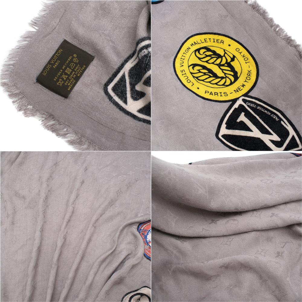 Gray Louis Vuitton Grey Silk & Wool Limited Edition World Tour Scarf For Sale
