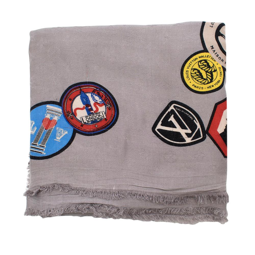 Louis Vuitton Grey Silk & Wool Limited Edition World Tour Scarf For Sale 3